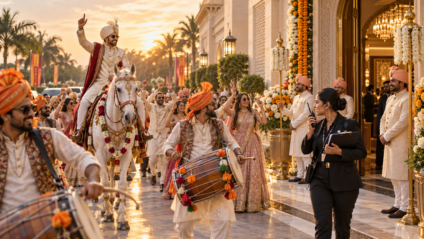 A wedding planner coordinating a joyful Indian baraat as it approaches the venue