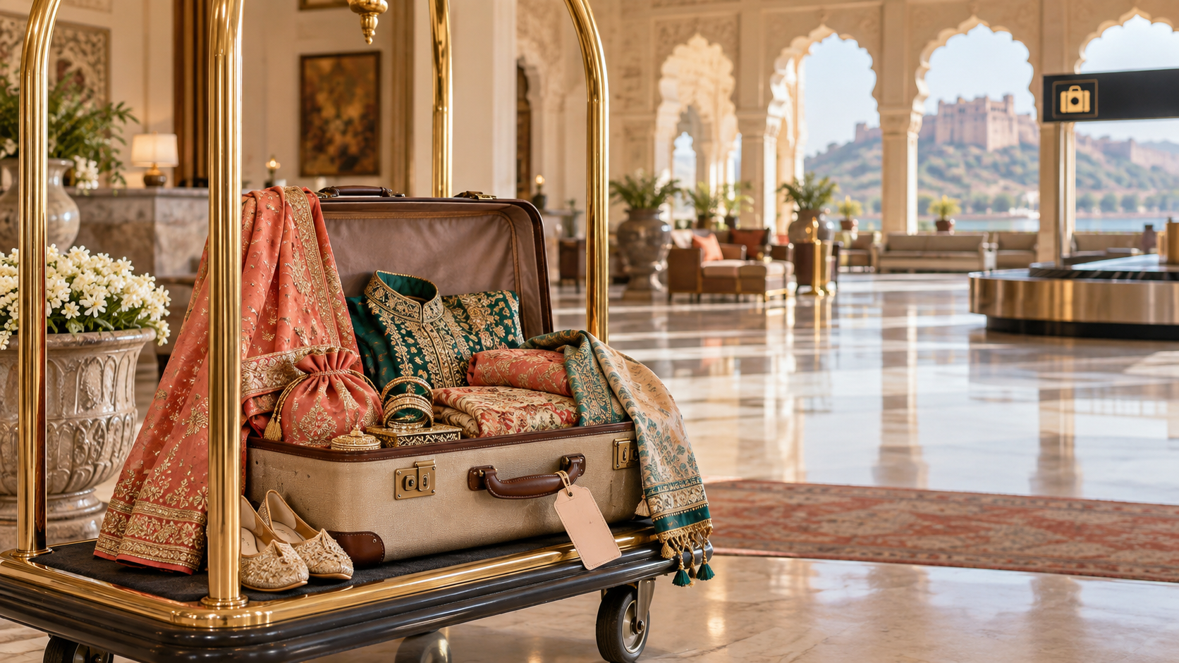 Open suitcase and wedding clothes prepared for a destination wedding baggage delay