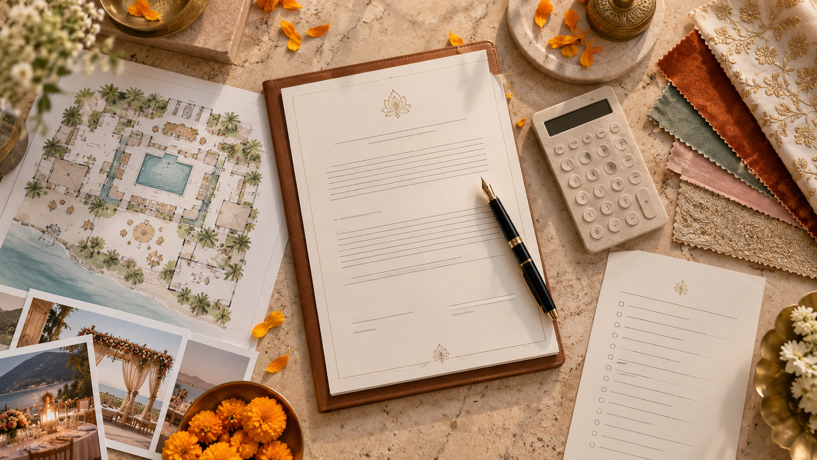 Indian destination wedding venue contract, checklist and planning materials on a desk