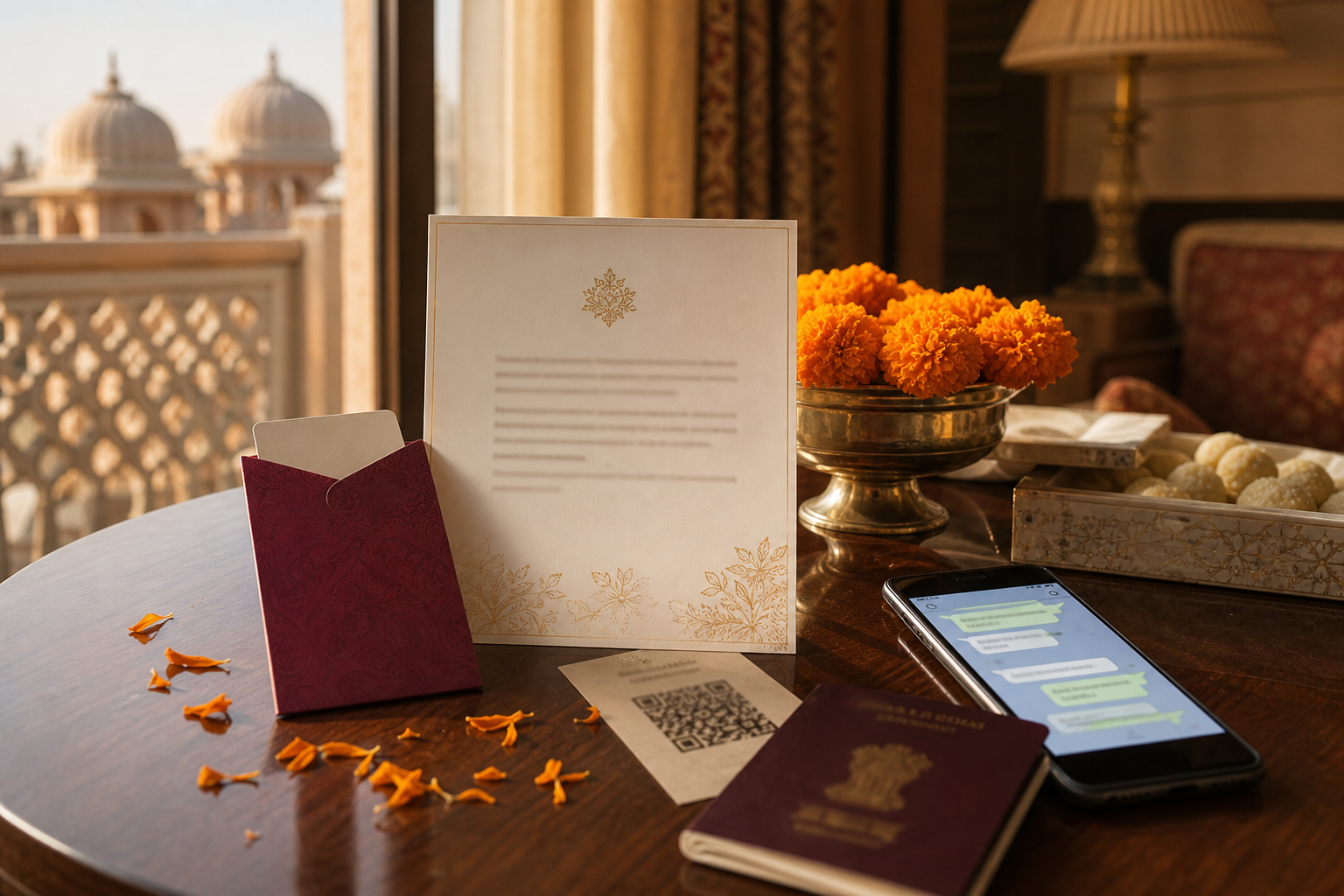 Destination wedding welcome letter on hotel stationery with itinerary card and guest chat QR setup