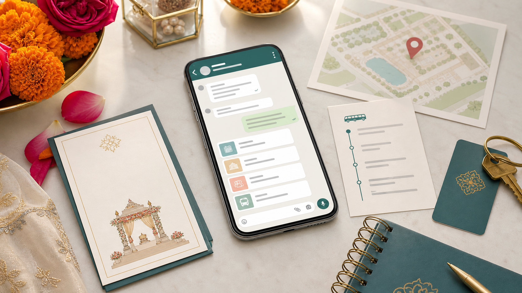 Destination wedding WhatsApp group message shown on a phone beside itinerary cards, hotel key, and wedding planning notes