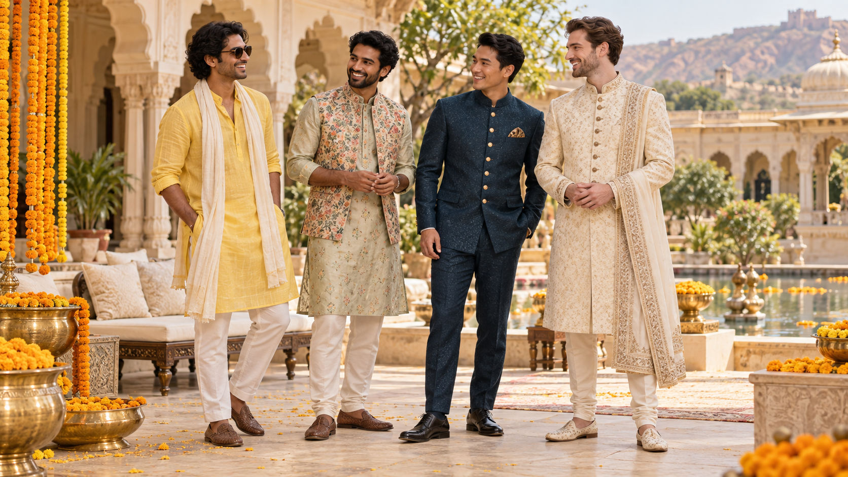 Four examples of Indian wedding attire for male guests, from a light kurta to a formal sherwani
