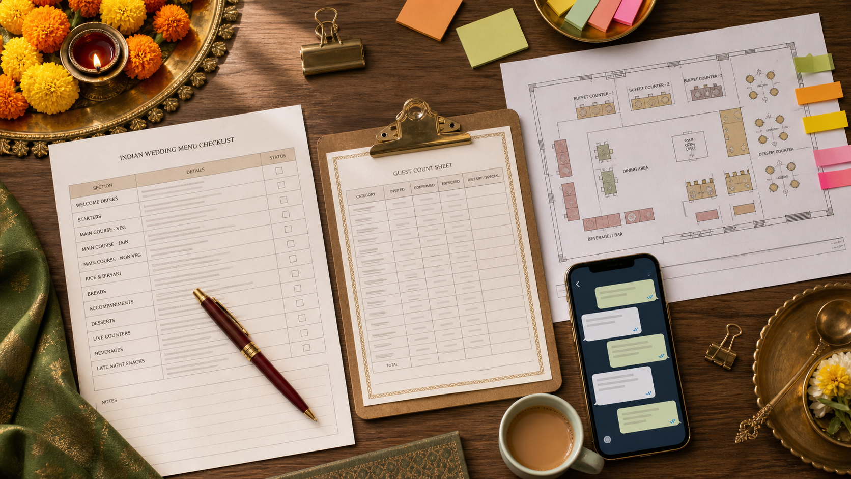 Indian wedding catering checklist with menu and guest-count planning notes