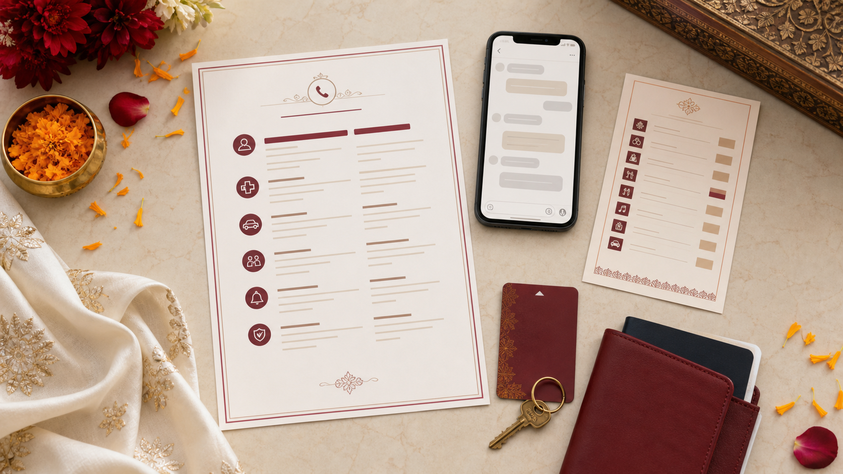 Printed NRI wedding emergency contact sheet beside a phone and wedding itinerary