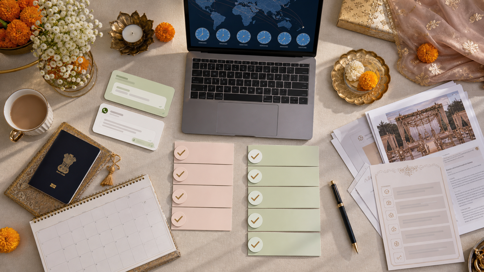 NRI wedding family approval checklist with family decision columns, time zones, planning notes, and wedding documents