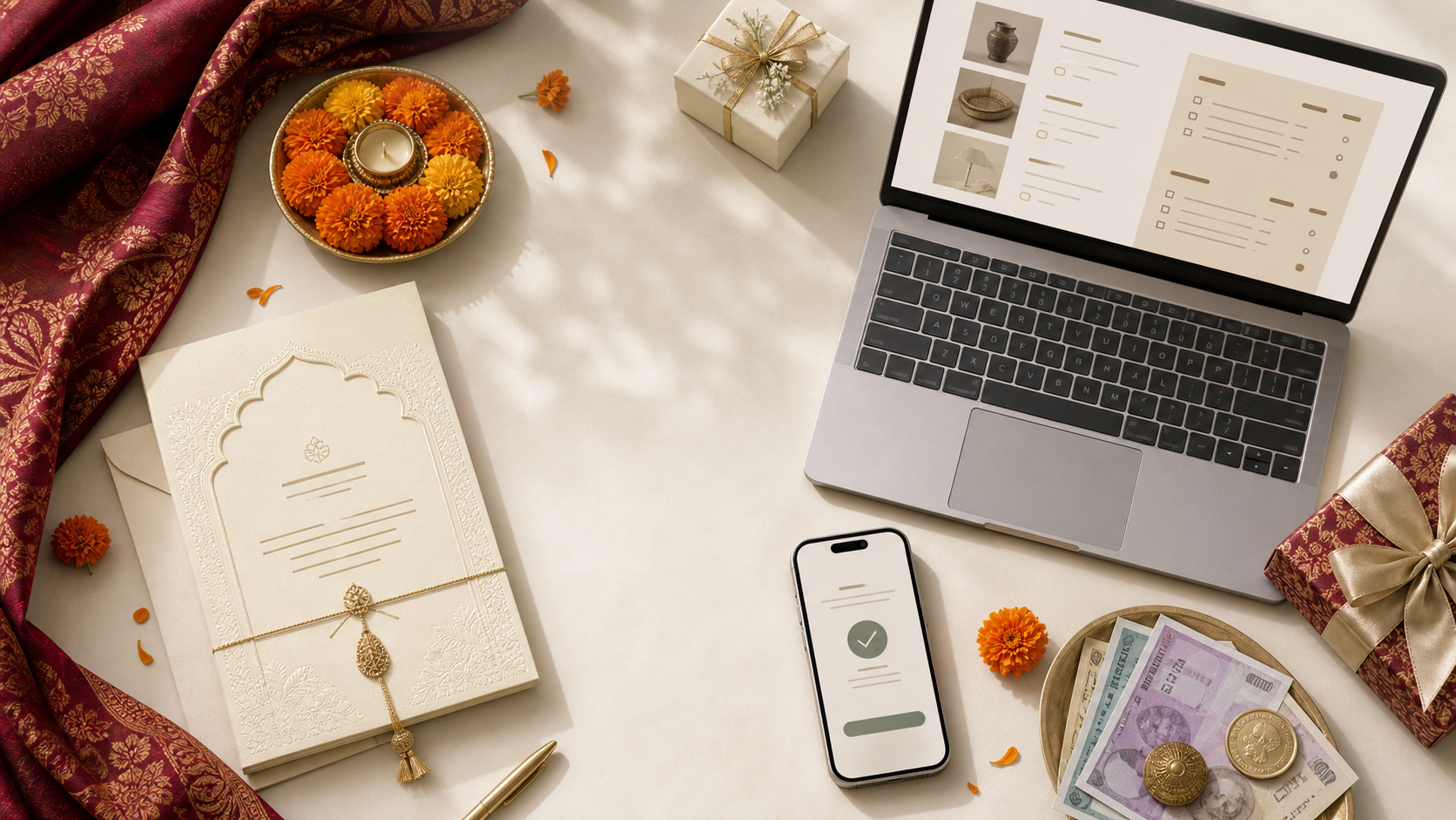 NRI wedding gift registry with an invitation, online gift list, international payment, and wrapped gifts