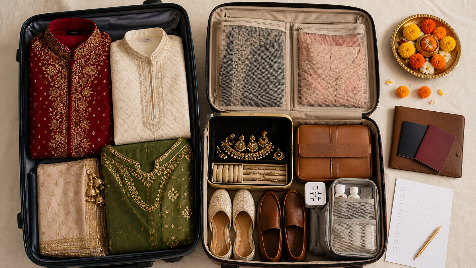 Open suitcases organized with Indian wedding outfits, documents, jewellery case, shoes, and travel essentials