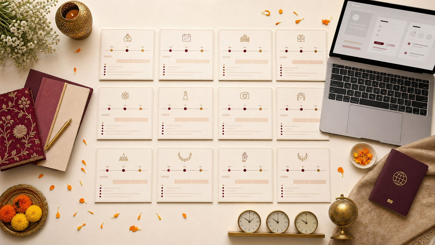 A 12-month NRI wedding planning timeline with calendar cards, Indian wedding stationery, passport, and laptop