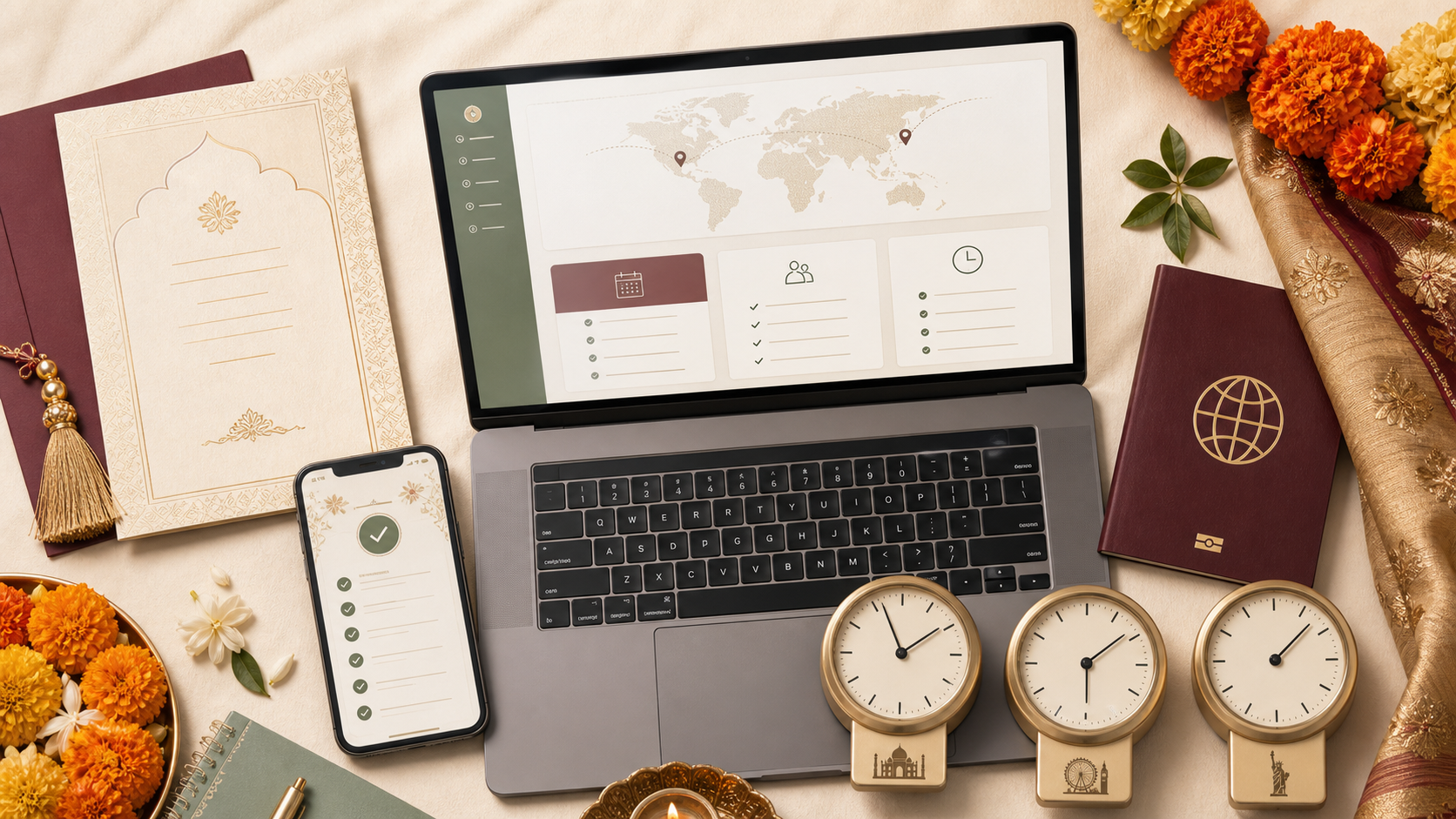 NRI wedding time zone planning desk with world clocks, checklist, invitation, and passport
