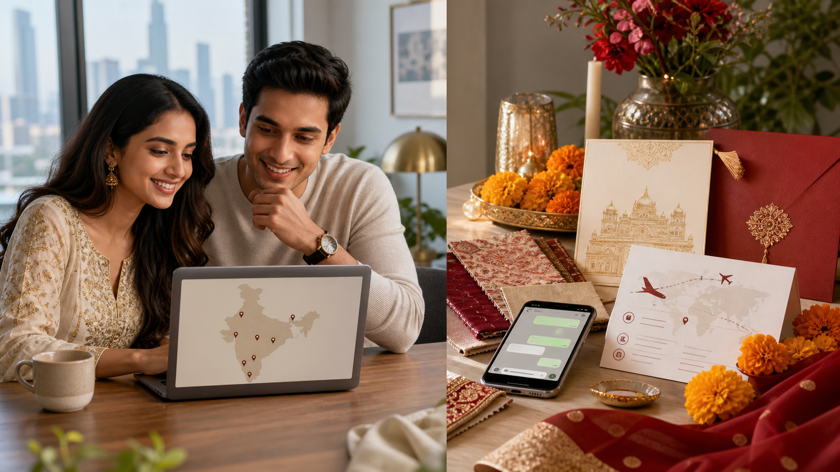NRI couple planning an Indian wedding from abroad with travel notes and wedding messages