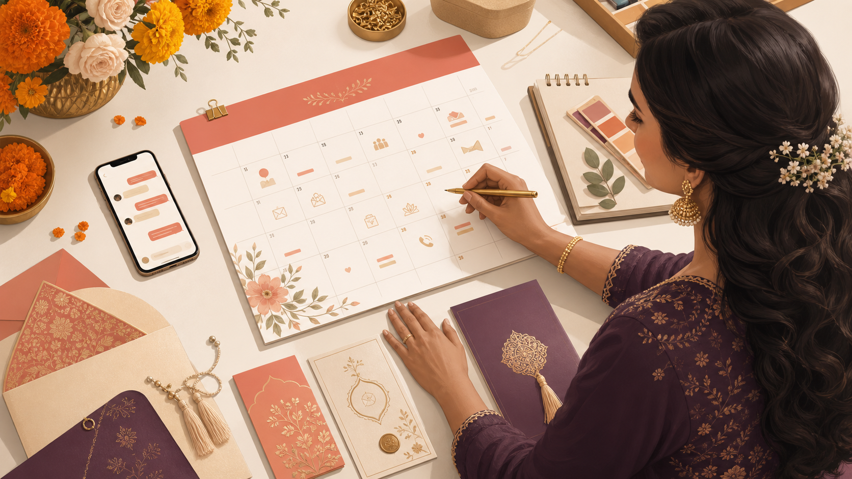 Wedding planner organizing a 30-day Indian wedding guest communication calendar