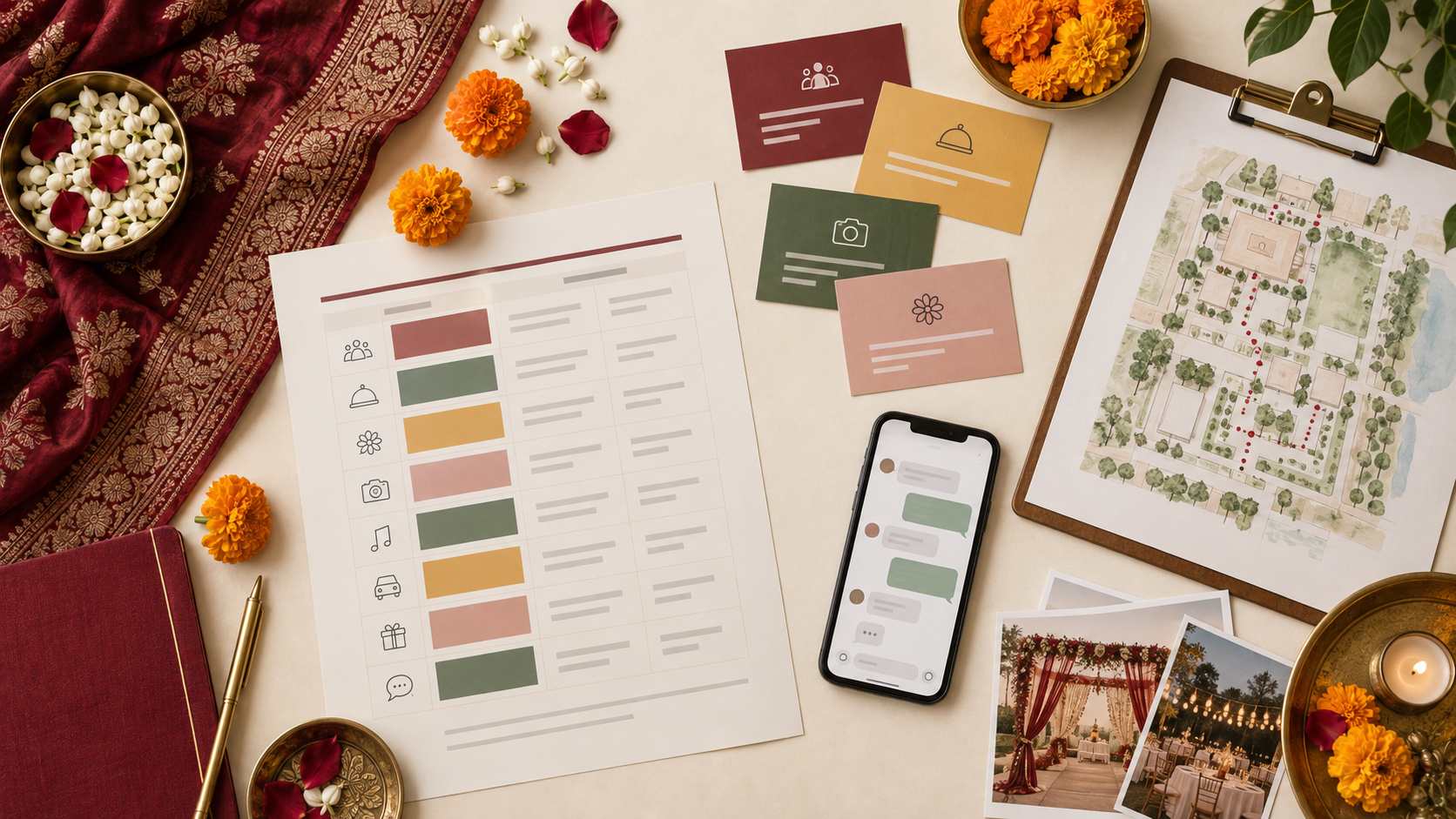 Wedding guest communication role chart with phone, clipboard, and Indian wedding details