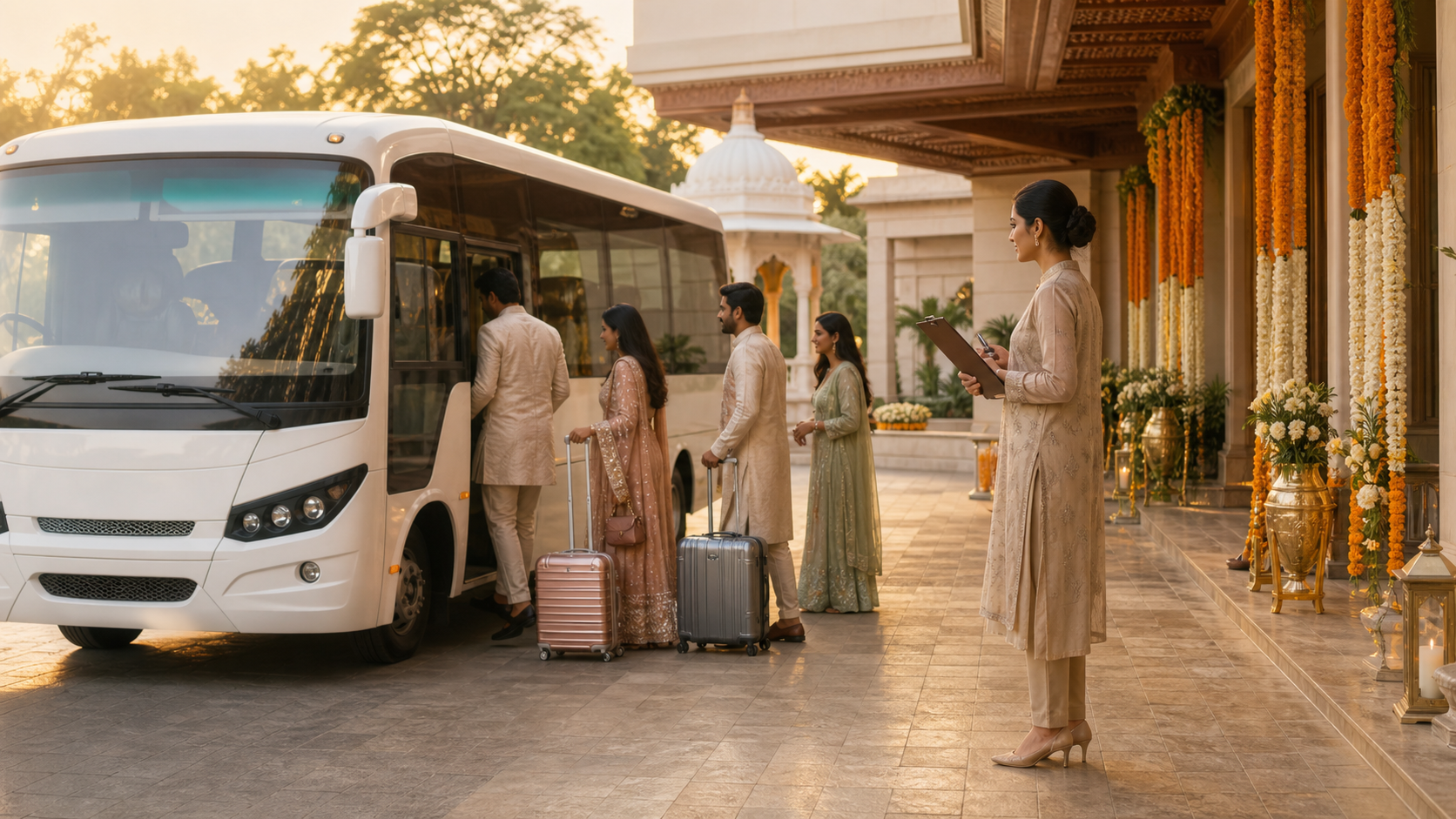 Indian wedding guests boarding an organized hotel shuttle with a planner coordinating arrivals