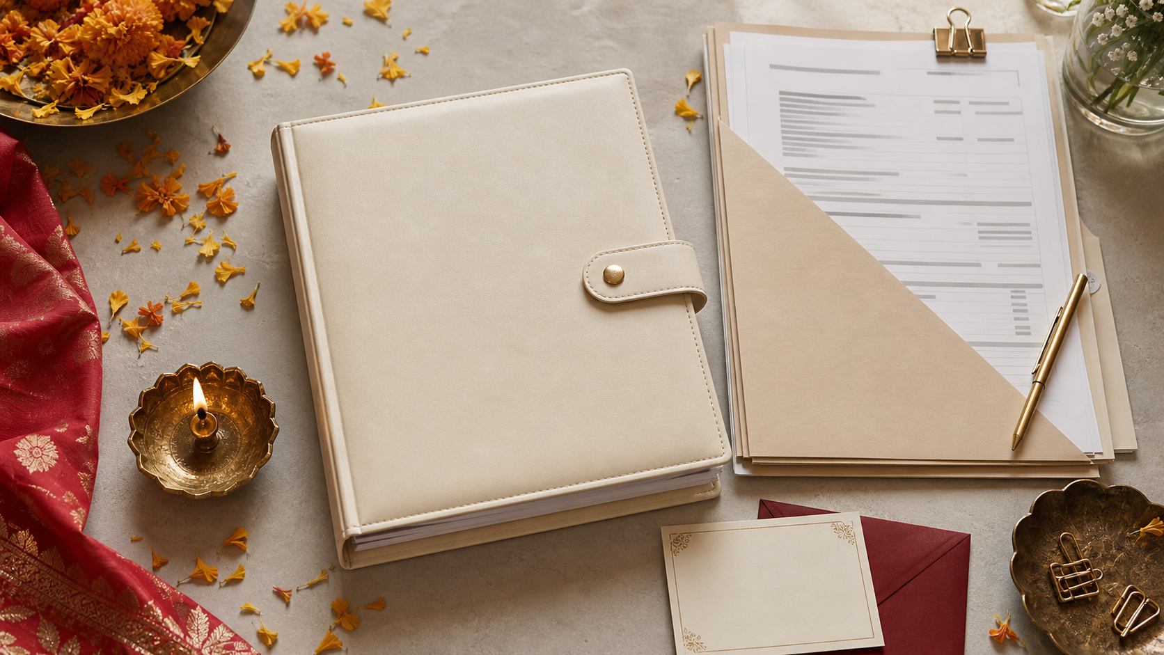 Organised wedding planner offboarding desk after an Indian wedding