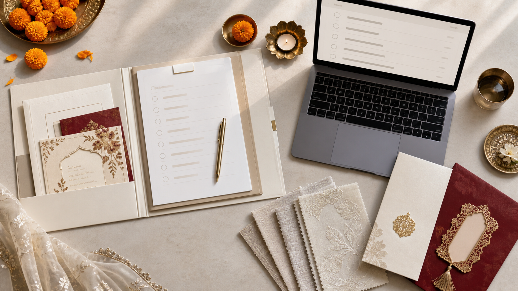 Indian wedding planner client onboarding desk with an organised project checklist