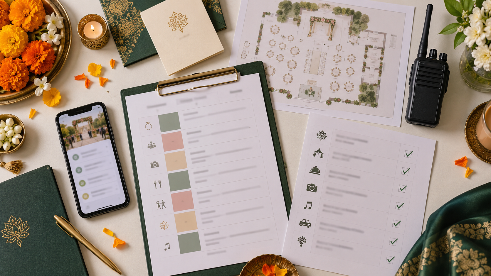 Indian wedding planner desk prepared for a quality-control review with run sheet, venue plan, vendor checklist and guest information screen