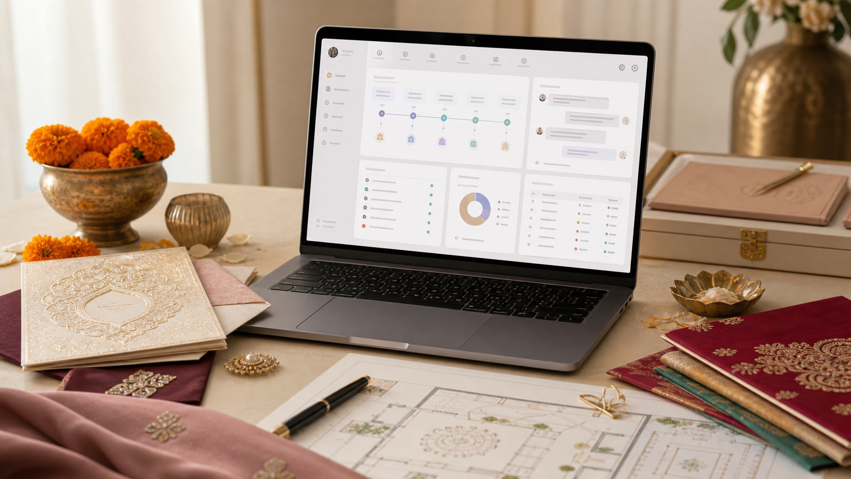 Wedding planner software stack for Indian weddings with timeline, guest chat, vendor checklist, and budget tracker
