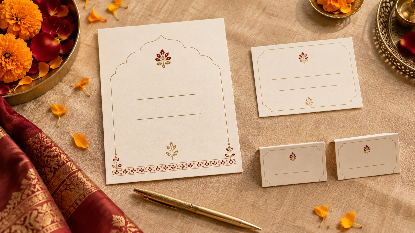Two place cards beside an Indian wedding invitation and RSVP card
