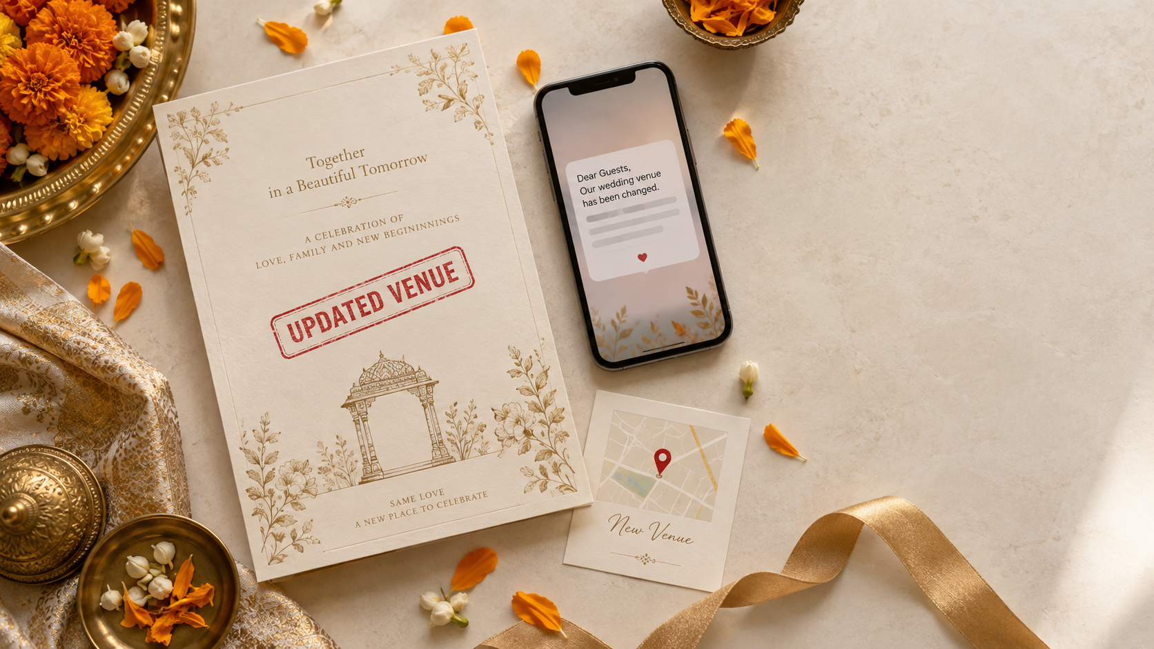 Wedding venue change message beside an updated invitation and map card