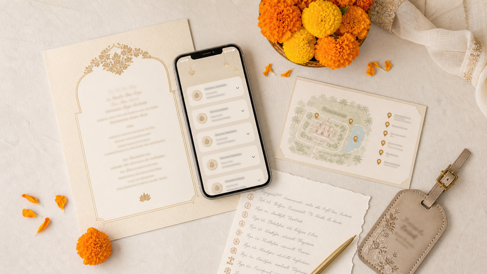 Indian wedding website FAQ shown on a phone beside an invitation, venue map, schedule, luggage tag and marigolds