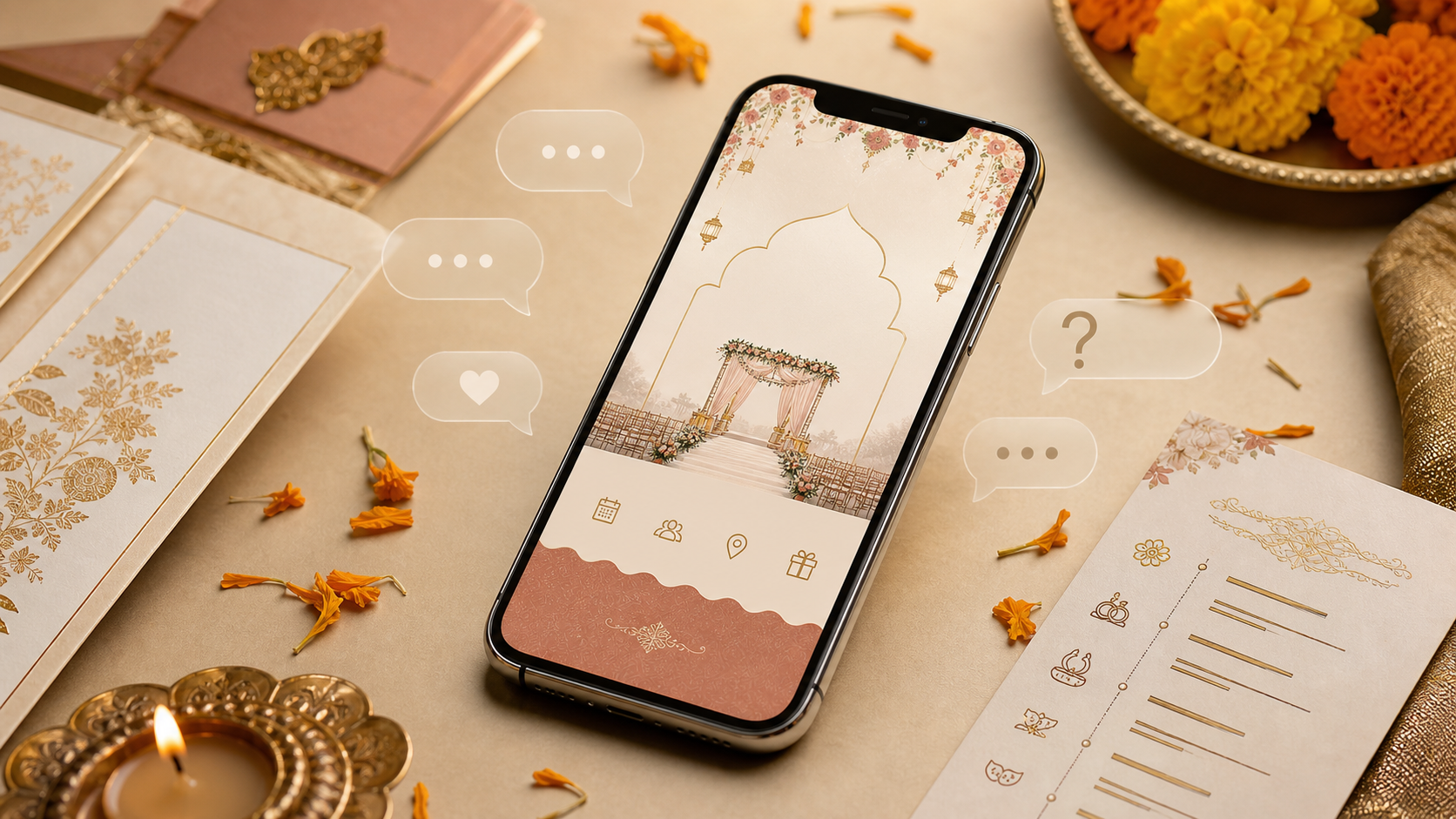 Indian wedding website welcome message displayed on a phone with invitation cards and guest question bubbles