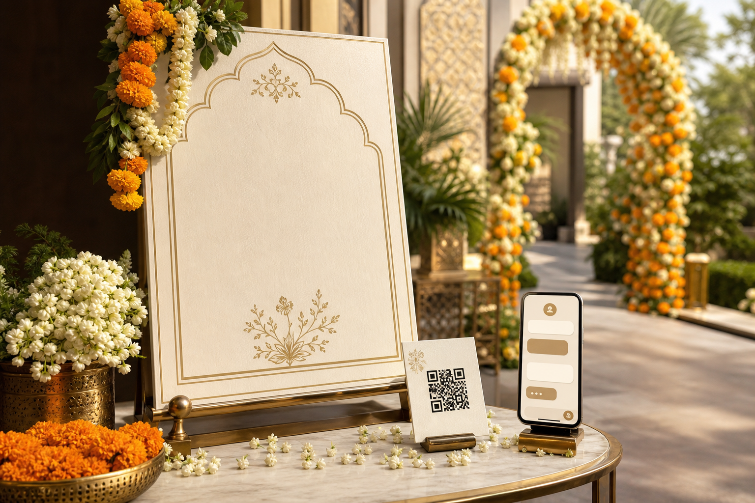 Indian wedding welcome sign with QR code for guest questions and event details